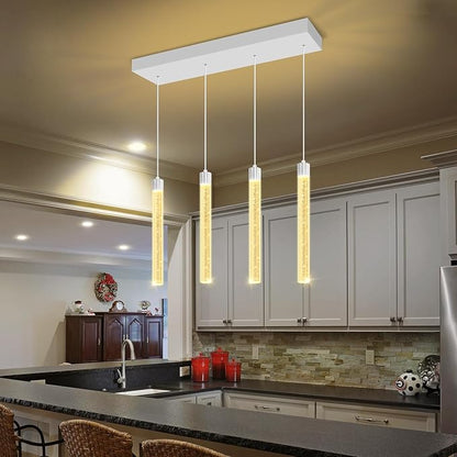 Modern Crystal Column Chandeliers for Dining Room Dimmable 4-Lights Silver LED Hanging Pendant Light Kitchen Island,Bedroom,Over Table,Living Room, Adjustable Height
