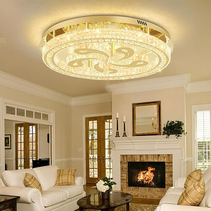Modern Crystal Chandeliers for Dining Room Flush Mount Ceiling Chandelier for Living Room Dining Room Ring LED Crystal Ceiling Light (Round,32in Gold,Dimmable 2700K-6500K)