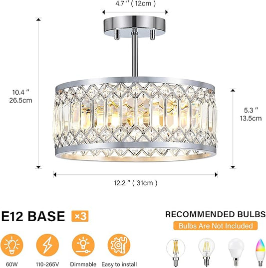 YURNYQ Crystal Ceiling Light Fixture, Modern Semi Flush Mount Ceiling Light, Chrome Lighting Ceiling Chandelier for Kitchen, Bedroom, Dining Room, Hallway, 3-Light, 12.2 Inch
