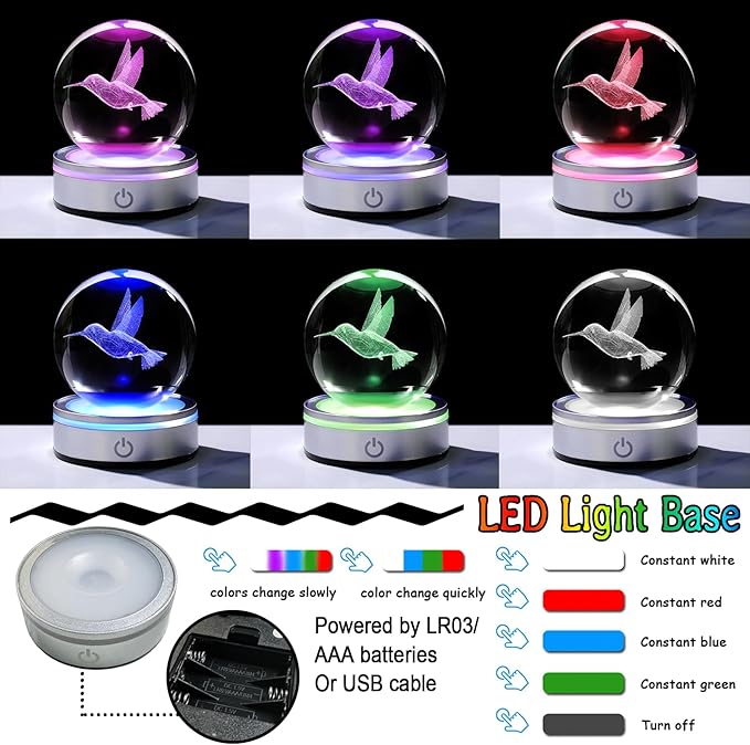 Arikyrist Crystal 3D Hummingbird 3.15in Ball Figurine Gifts for Women Wife, Collectible Glass Animal Art Sphere for Room with LED Light Base, Keepsakes for Bird Lovers Home Decor Paperweight