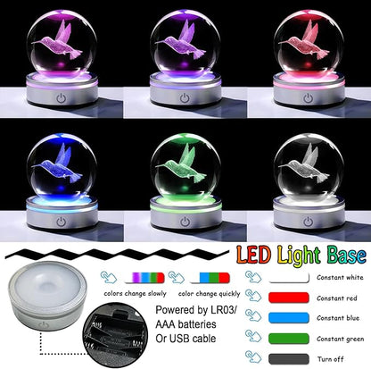 Arikyrist Crystal 3D Hummingbird 3.15in Ball Figurine Gifts for Women Wife, Collectible Glass Animal Art Sphere for Room with LED Light Base, Keepsakes for Bird Lovers Home Decor Paperweight