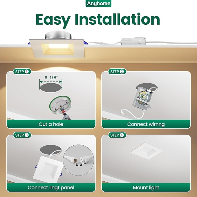 12 Pack 6 Inch Square Ultra-Thin Led Recessed Lighting,Recessed Led Downlight with Junction Box,5CCT 2700K-5000K Dimmable,with Baffle Anti-Glare,11W 900LM,ETL & ES
