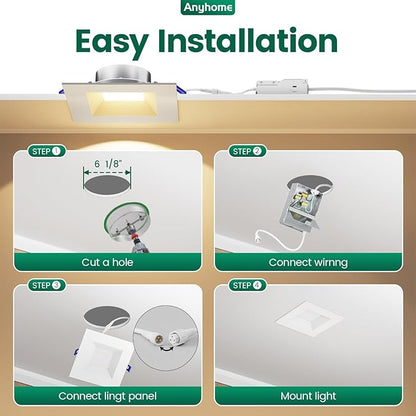 6 Pack 6 Inch Square Ultra-Thin Led Recessed Lighting,Recessed Led Downlight with Junction Box,5CCT 2700K-5000K Dimmable,with Baffle Anti-Glare,11W 900LM,ETL & ES