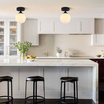 KCO Lighting Mid Century Modern Semi Flush Mount Ceiling Light Fixture White Globe Flush Mount Ceiling Light Farmhouse Black Ceiling Light Milk Glass Hallway Close to Ceiling Light