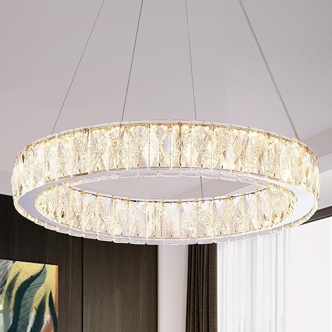 Depuley Modern LED Crystal Chandeliers: 19.7" Ring Chandelier Hanging Crystal Ceiling Light Fixture - 30W Adjustable Height Pendant Light for Living Room Dining Room Bedroom Foyer