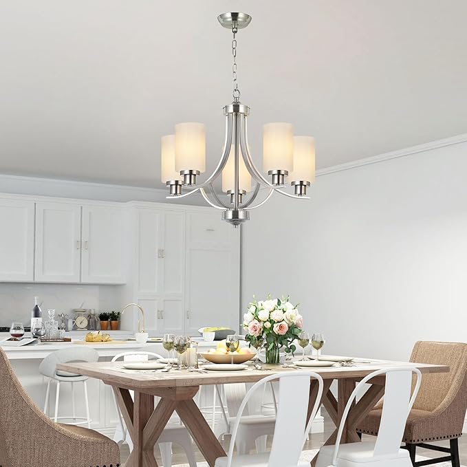 MELUCEE 5 Lights Chandeliers for Dining Room Traditional Chandelier Classic Pendant Light Brushed Nickel with Milky White Glass Shade, Mid Century Modern Chandelier for Kitchen Foyer Bedroom