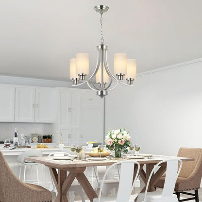 MELUCEE 5 Lights Chandeliers for Dining Room Traditional Chandelier Classic Pendant Light Brushed Nickel with Milky White Glass Shade, Mid Century Modern Chandelier for Kitchen Foyer Bedroom