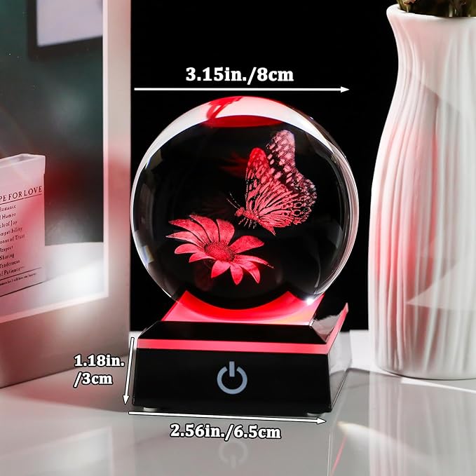 Arikyrist 3D Crystal Ball Butterfly Flower Figurine with LED Base, Laser Butterfly Gifts for Women Men, Glass Butterfly Statue Ball Night Light for Christmas Birthday Home Decor (80mm)