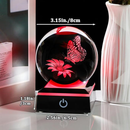 Arikyrist 3D Crystal Ball Butterfly Flower Figurine with LED Base, Laser Butterfly Gifts for Women Men, Glass Butterfly Statue Ball Night Light for Christmas Birthday Home Decor (80mm)