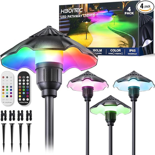 HIBOITEC 4-Pack RGBW Low Voltage Pathway Lights 3W 12-24V LED Landscape Lighting Outdoor Color Changing Landscape Lights Aluminum Waterproof Path Lighting for Walkway Yard Garden