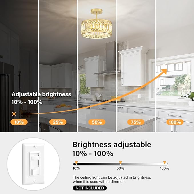 YURNYQ Crystal Ceiling Light Fixture, Modern Semi Flush Mount Light, Gold Lighting Fixtures Ceiling Chandelier for Kitchen, Bedroom, Dining Room, Hallway, 3-Light, 12.2 Inch