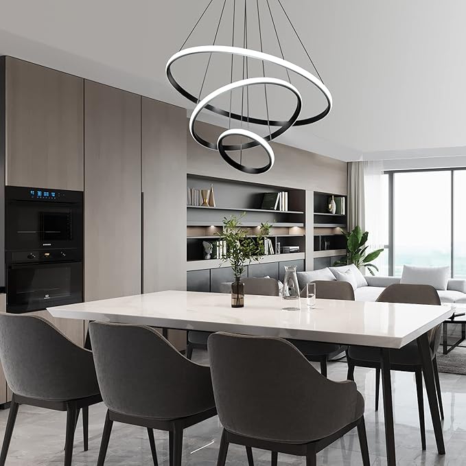Modern LED Pendant Light, Adjustable Height Circular Entrance Black 3 Ring Circular Chandelier Fixture, Suitable for Restaurants, Kitchens, Islands, Living Rooms, Cafes, Etc. (4000K)