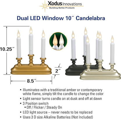 Xodus Innovations FPC1330B-3 Battery Operated 10" Window Candles with Tilt to Change Flame Color and Dusk to Dawn Light Sensor with 3 Candelabra Base (Pack of 3), Gold/Antique Brass