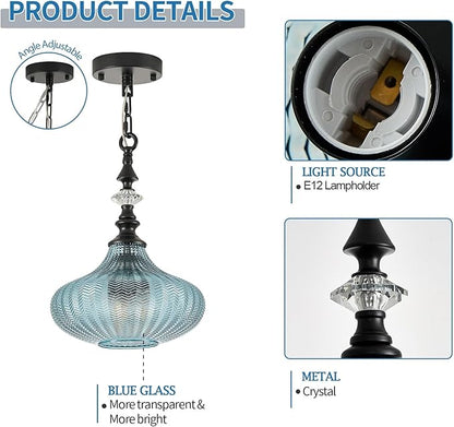 3-Light Chandelier,Black Farmhouse Pendant Light Fixture for Kitchen,Adjustable Hanging Lighting with Blue Glass Shade for Hallway Bedroom Entryway Dining Room Island