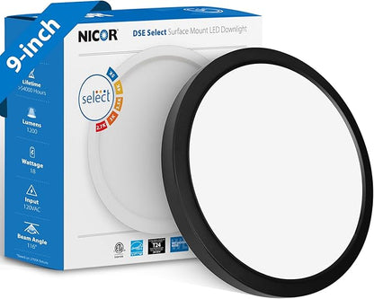 9” Round LED Surface Mount Ceiling Light - Dimmable Ceiling Light for Kitchen - Selectable CCT 2700K-5000K, 1261-1315 Lumens, 18.1W - DSE Edge-Lit Downlights for Ceiling, Black by NICOR Lighting