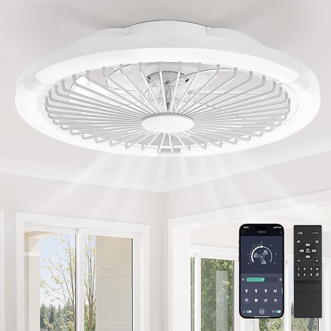 LEDIARY 20" Bladeless Ceiling Fan with Light,Low Profile LED Ceiling Fans with Remote & Smart APP Control,Modern Enclosed Flush Mount Fandelier with Timming,6 Speed,3000-6000K,Bedroom,Kids Room-White