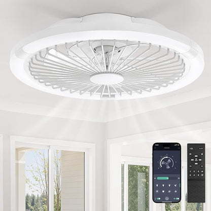 LEDIARY 20" Bladeless Ceiling Fan with Light,Low Profile LED Ceiling Fans with Remote & Smart APP Control,Modern Enclosed Flush Mount Fandelier with Timming,6 Speed,3000-6000K,Bedroom,Kids Room-White