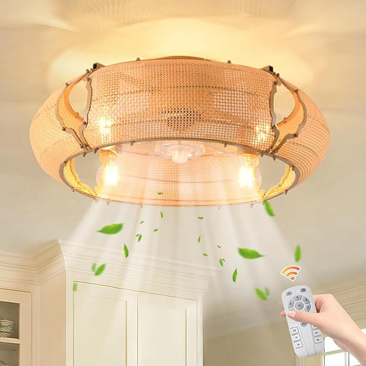 Ganeed 20.86" Boho Caged Ceiling Fan with Lights and Remote, Flush Mount Low Profile Rattan Ceiling Fans with Lights, Enclosed 6 Speeds Farmhouse Woven Ceiling Fan for Bedroom, Living Room, Kitchen
