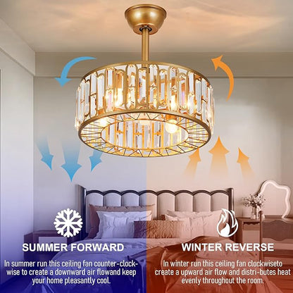 18.2" Gold Caged Ceiling Fans with Lights Remote Crystal Fandelier 4-Lights Flush Mount Fan Light Modern Enclosed Chandelier Fan with 6 Speeds for Bedroom Living Room Kitchen Dining Room Hallway