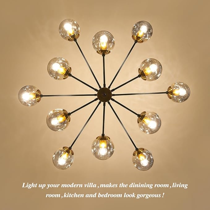 DDLLDESHI 2 Tiered Modern Gold Chandelier Sputnik Ceiling Light Fixture with 12 Globe Glass Bubble Shade Chandeliers for Dining Room Hotel Bar Home Billiard Room (41" Large Black Chandelier)