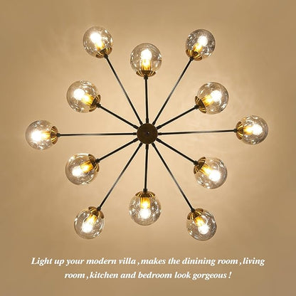 DDLLDESHI 2 Tiered Modern Gold Chandelier Sputnik Ceiling Light Fixture with 12 Globe Glass Bubble Shade Chandeliers for Dining Room Hotel Bar Home Billiard Room (41" Large Black Chandelier)