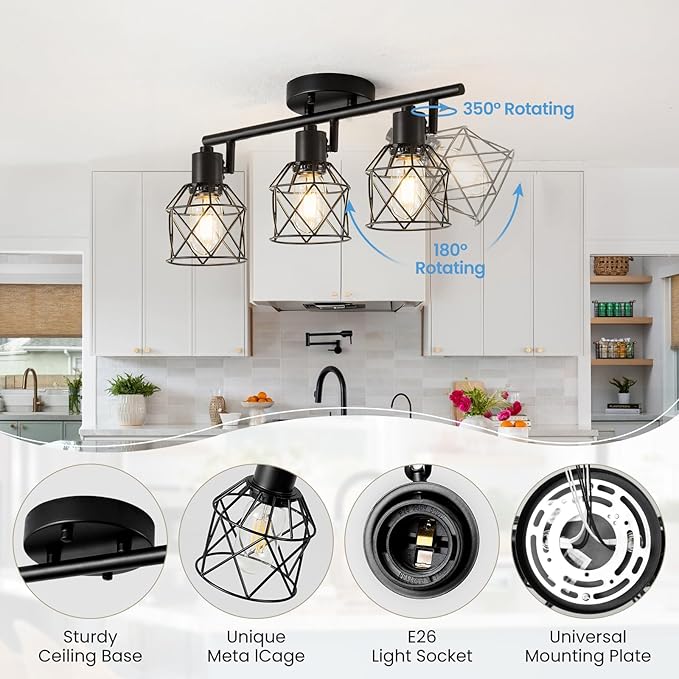 3-Lights Track Lighting, Adjustable Multi-Directional Ceiling Light Fixtures, Rotatable Farmhouse Light Fixtures Mount with Metal Cage for Dining Room, Living Room, Bedroom, E26 Base