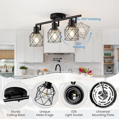 3-Lights Track Lighting, Adjustable Multi-Directional Ceiling Light Fixtures, Rotatable Farmhouse Light Fixtures Mount with Metal Cage for Dining Room, Living Room, Bedroom, E26 Base