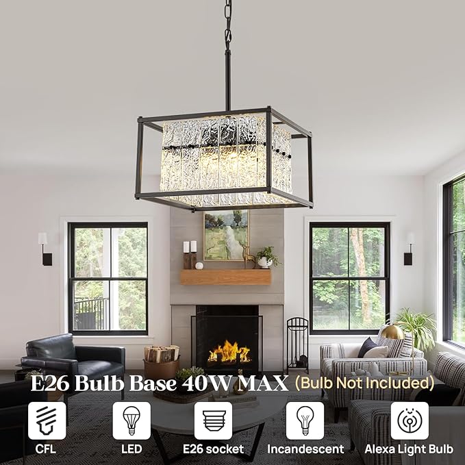 Modern Black Crystal Pendant Light for Kitchen Island, 4-Light Water Ripple Glass Chandelier, Adjustable Height Dimmable Hanging Fixture for Dining Room Bedroom Hallway Entryway