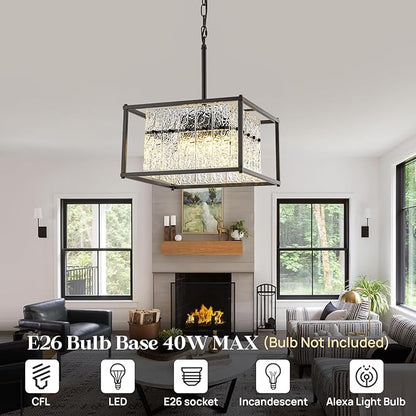 Modern Black Crystal Pendant Light for Kitchen Island, 4-Light Water Ripple Glass Chandelier, Adjustable Height Dimmable Hanging Fixture for Dining Room Bedroom Hallway Entryway