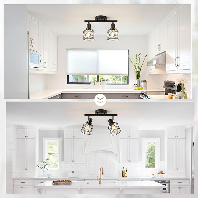 2-Lights Kitchen Track Lighting, Adjustable Multi-Directional Ceiling Light Fixtures, Rotatable Farmhouse Light Fixtures Mount with Metal Cage for Dining Room, Living Room, Bedroom, E26 Base