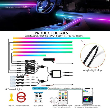 Interior Car LED Strip Lights,Acrylic LED Lights for Car with Dynamic Dreamcolor Chasing,175 inches 10 in 1 RGB Neon Strip Fiber Optic Ambient Lighting Kits with Remote APP,for Inside car Decorations