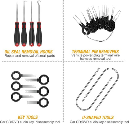 GOOACC 40Pcs Trim Removal Tool,Auto Terminal Removal Key Tool,Auto Clip Pliers Stereo Removal Tools,Car Upholstery Repair Removal Kit,Precision Hook and Pick Set,Wiring Threader,Car Film Scrape-Black