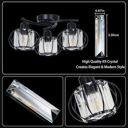 PAUFUL 3-Light Crystal Semi Flush Mount Ceiling Light,Black Modern Close to Ceiling Light Fixtures,Kitchen Light Fixtures with Clear Crystal Shade,Hallway Light Fixtures for Hallway Bedroom Bathroom