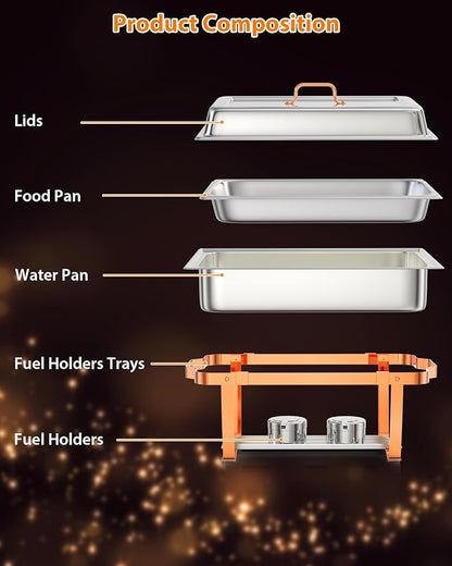 4 Pack Chafing Dishes for Buffet, Stainless Steel Catering Chafer with Lids, Pans & Fuel Holder, 8QT Food Warmers for Parties Buffet, Buffet Servers and Warmers for Parties, Events, Weddings,Rose Gold