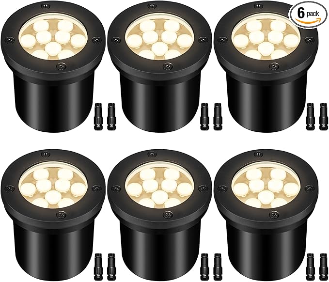 9W Low Voltage Landscape Lights, AC/DC 12-24V In-Ground Lights IP68 Waterproof 2700K Warm White Outdoor Well Lights for Yard Pathway Driveway Deck(6 Pack)