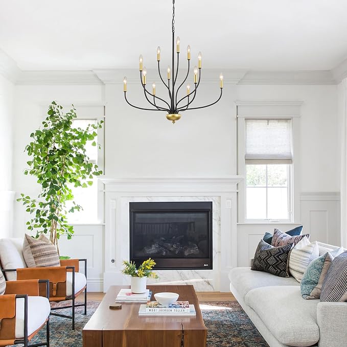 12-Lights Farmhouse Chandelier for Dining Room, 34 Inch Black and Gold Chandeliers for High Ceilings Foyer Modern Large Pendant Light Fixtures for Living Room Entryway Hallway Kitchen Island E12
