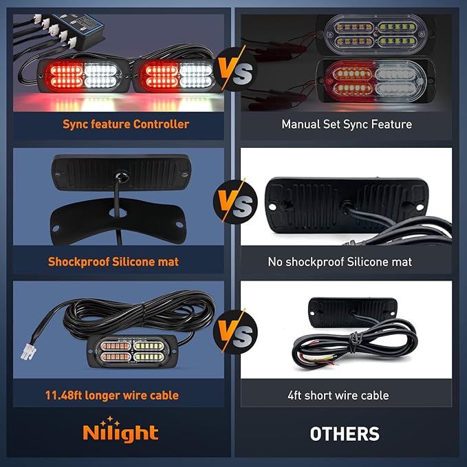 Nilight 4PCS LED Strobe lights 12V 24V Sync Feature Red White 24LED Emergency Hazard Warning Lights with Controller Hard Wire or Cigarette Lighter Plug for Car Truck RVs Campers