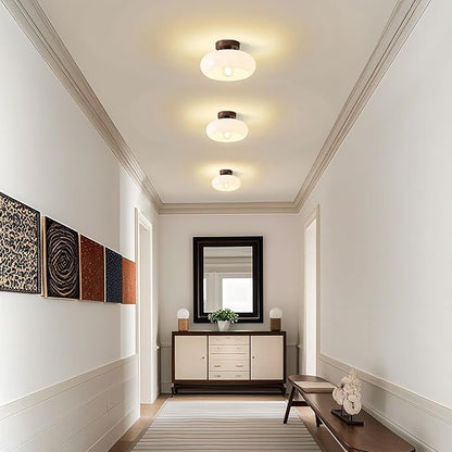 WOKNOS Mid-Century Modern Semi Flush Mount Ceiling Light, Faux Walnut Wood Kitchen Light Fixtures with Glass Shade, Vintage White Close to Ceiling Lamp for Entryway Hallway Bathroom (11.0 Inch)