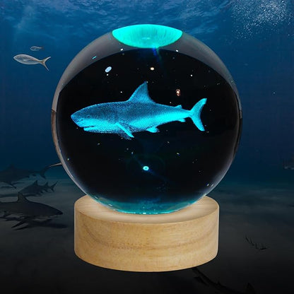 3D Crystal Ball Night Light, 3.15 Inch Glass Ball Lamp with 16 Color LED Wooden Base, Shark Night Light Decor for Birthday, Holiday, Christmas Gifts