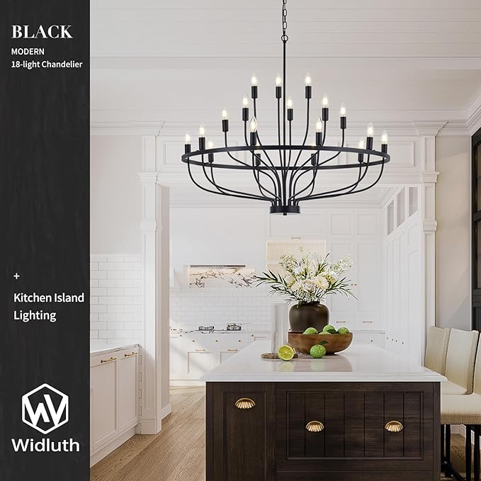 39.4“ Industrial Black Chandelier Rustic Vintage 18-Lights Candle Style Chandeliers Light Fixture Large Retro Black Chandelier for Dining Room, Kitchen Island, Living Room, E12