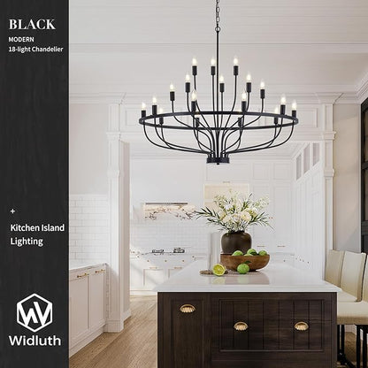 39.4“ Industrial Black Chandelier Rustic Vintage 18-Lights Candle Style Chandeliers Light Fixture Large Retro Black Chandelier for Dining Room, Kitchen Island, Living Room, E12