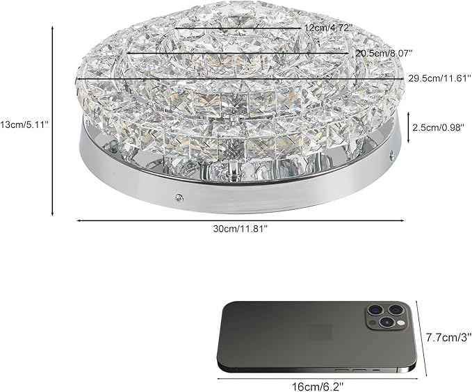 11.8" Modern Crystal Chandeliers LED Crystal Ceiling Light Fixture Flush Mount Ceiling Chandelier Light Chandelier for Dining Room Hallway Three-Tier Dimmable with Remote Control