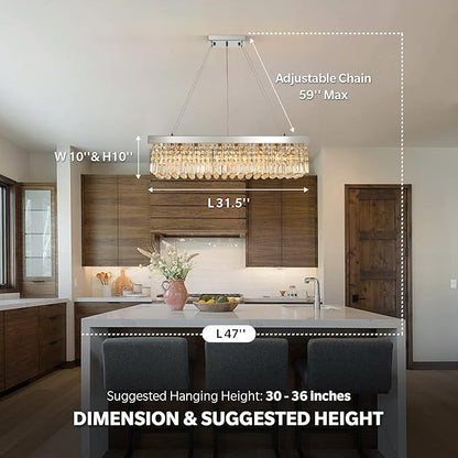 7PM Rectangle K9 Crystal Chandelier Modern Rectangular Pendant Light Fixture for Dining Room Kitchen Island Chrome L31.5 x W10 x H10