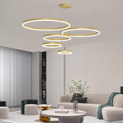 Mikeru Modern 5 Ring Chandelier Light, LED Pendant Light Fixtures with Remote Control 3000k-6500K Adjustable Color Temperature Light for Living Room, Kitchen