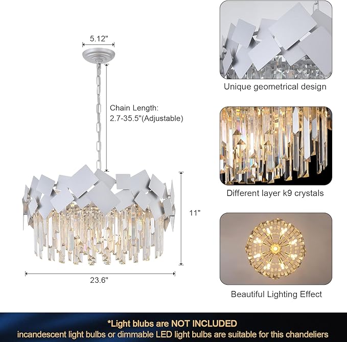 Modern Crystal Chandeliers 24" Silver Crystal Round Chandelier Luxury K9 Crystal Drum Bedroom Chandeliers Kitchen Light Fixture Adjustable Chandelier for Living Room Dining Room Foyer Bedroom