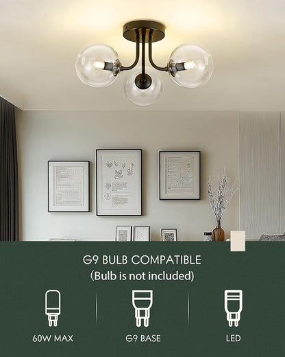 3-Globe Black Flush Mount Ceiling Light in a Modern Farmhouse Design is Ideal for Living Rooms, Matte