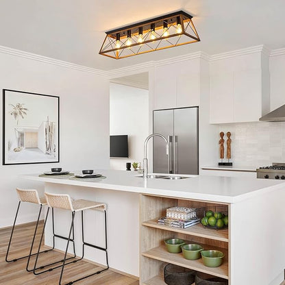 38” Large Flush Mount Ceiling Light Fixture, 6-Light Vintage Industrial Flush Mount Chandelier with Cage Design, Walnut Finish Farmhouse Lighting for Dining Room Kitchen Island Living Room Hallway