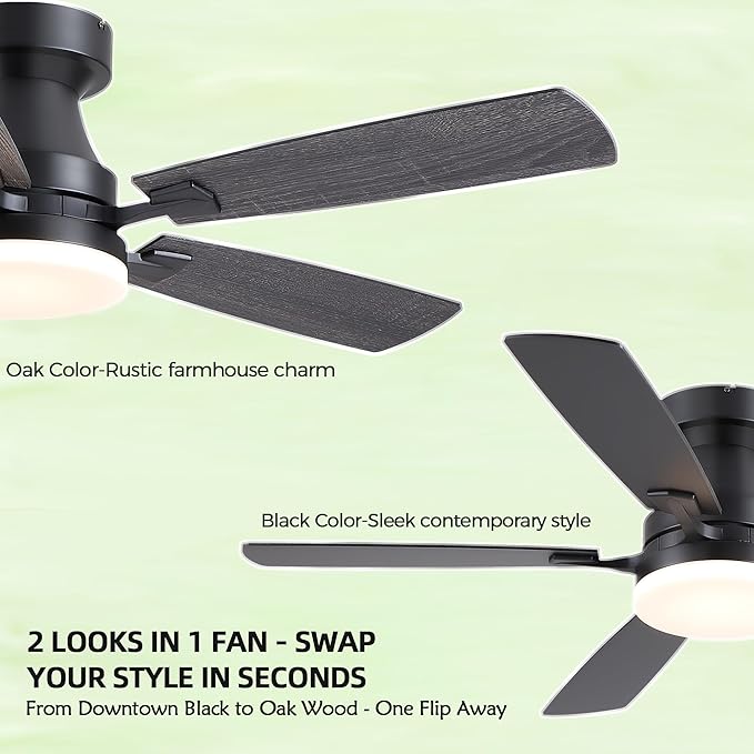48” Ceiling Fans with Lights, Flush Mount Ceiling Fan with Light And Remote/APP, Low Profile Ceiling Fan with Light, Reversible, 6 Speed Noiseless LED Ceiling Fan, Black Ceiling Fan for Bedroom