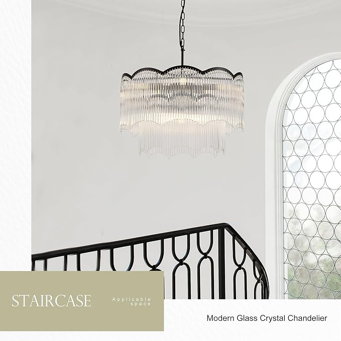 22.83" Black Clear Glass Crystal Chandelier 8-Light Modern Crystal Pendant Ceiling Light Fixture 2-Tier Luxury Glass Chandeliers,for Dining Room Kitchen Island Living Room Bedroom