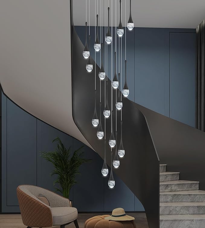 Modern Crystal Staircase Chandelier Polished Black 18-Lights, H118'' Large High Ceiling Spiral Dimmable LED Raindrop Foyer Entryway Light Fixture Remote Control